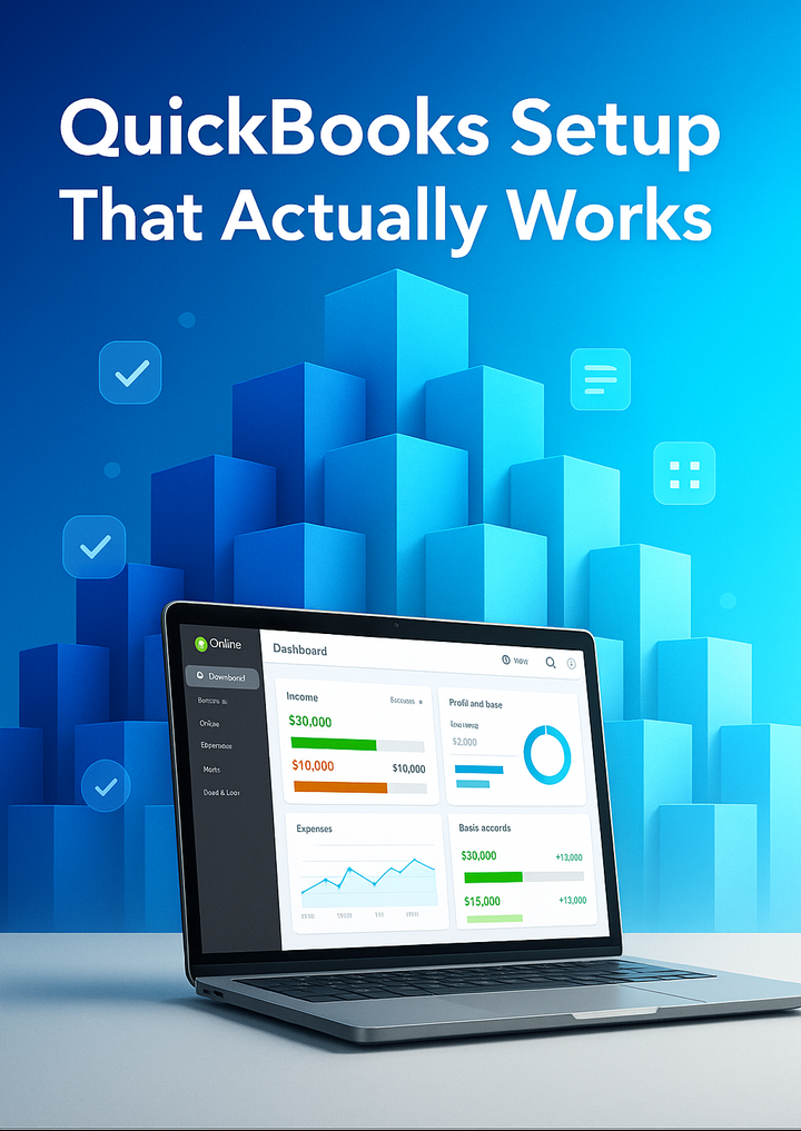 Professional laptop displaying QuickBooks Online dashboard with geometric foundation blocks in Serenity Clerking brand colors representing solid financial foundation setup